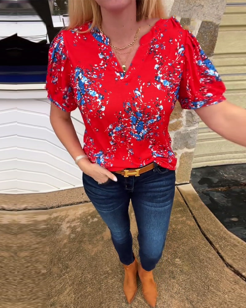 T-Shirt V-Hals Blomsterprint Korte Ærmer