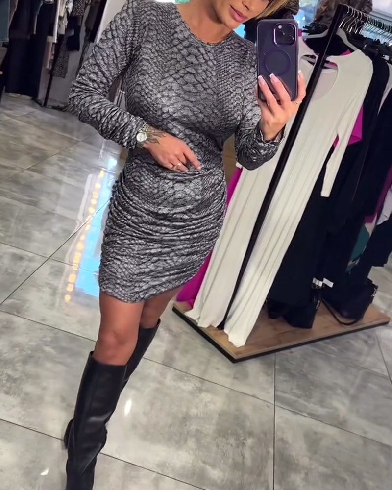 Langærmet kjole print og hofteomslag