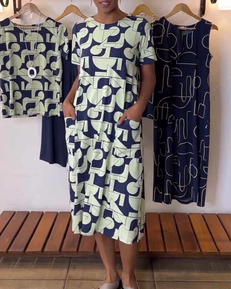 Kjole afslappet hver dag rund hals trykt