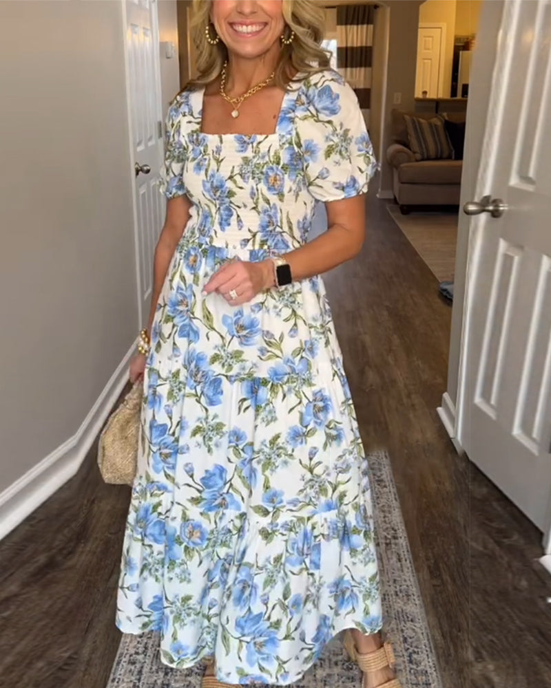 Kjole Firkantet Udskæring Plisseret Blomstret A-Linje