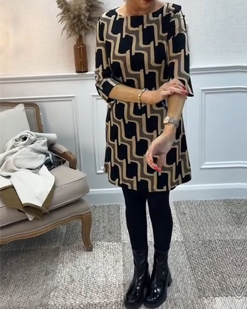 Rund hals printet slim fit kjole