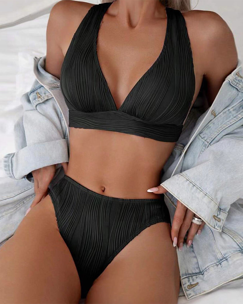 Lyserød sexet bikini med dyb V-udskæring og sløjfe