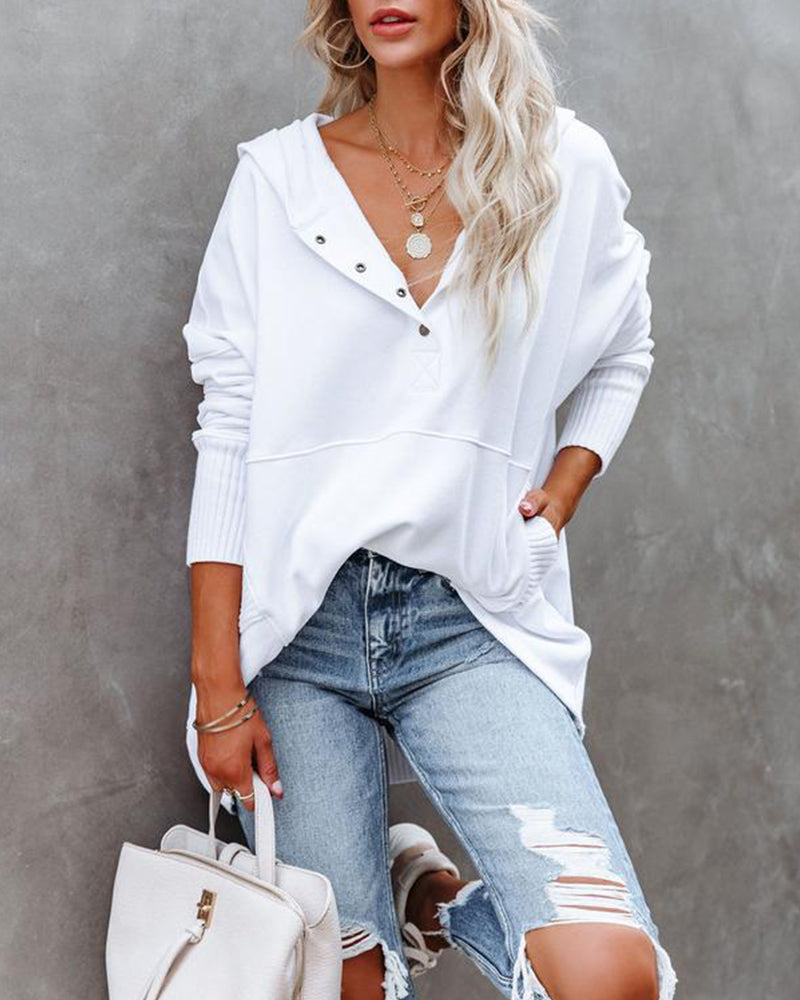 Sweatshirt afslappet v-hals hætte ensfarvet løs