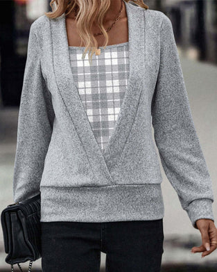 Patchwork langærmet top med plaidprint