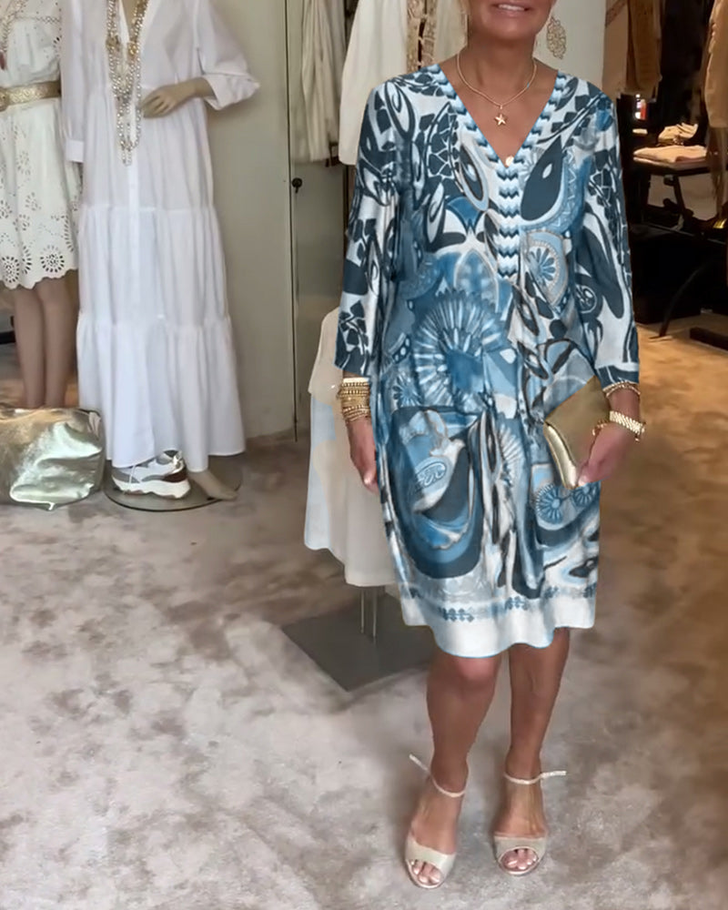 V-halset afslappet kjole med retroprint