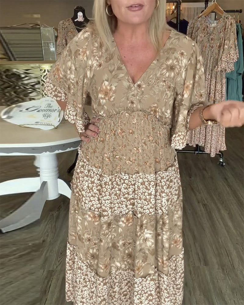 Kjole V-Hals Lotussærme Blomstret