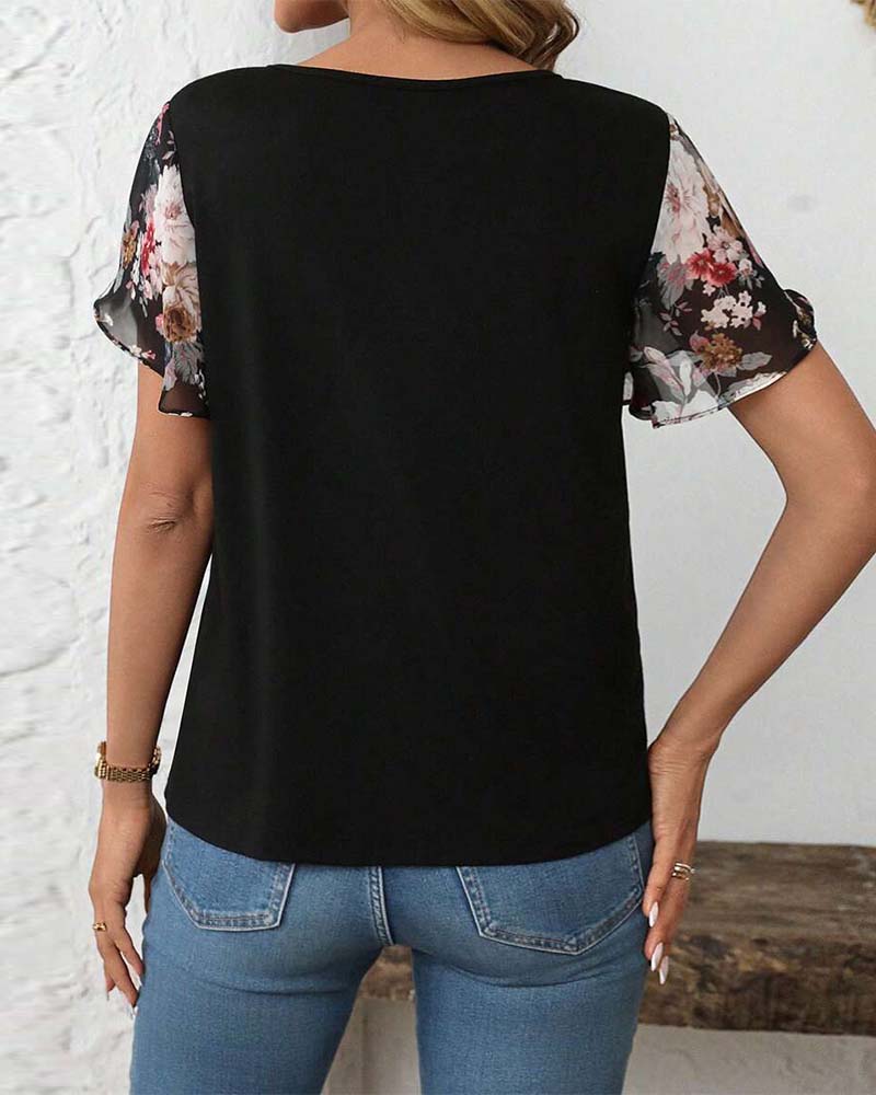 Bluse Kortærmet Snørring Trykt