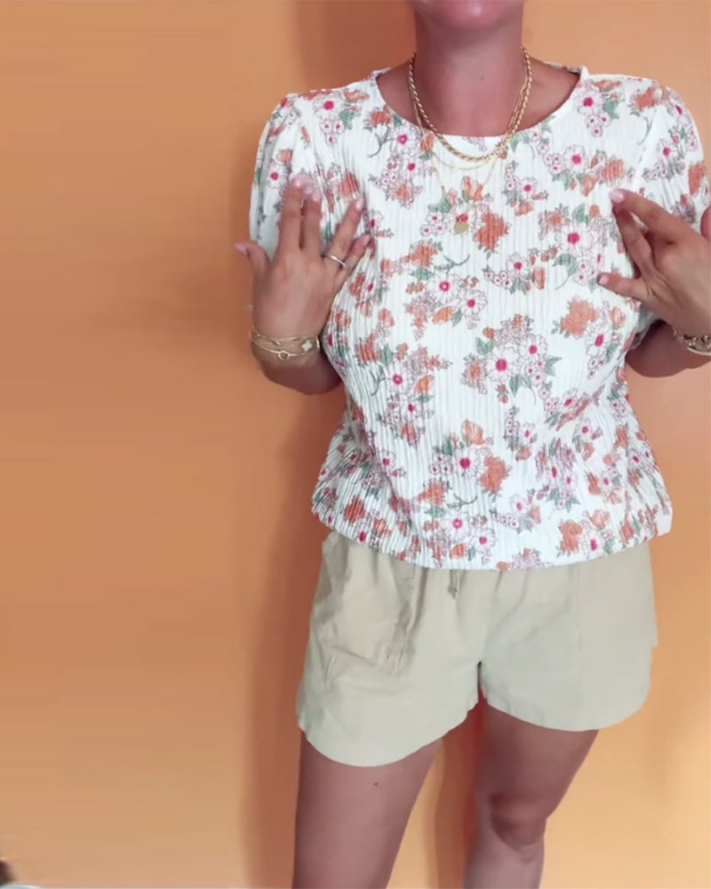 Bluse Rund Hals Blomstret Kort Ærme
