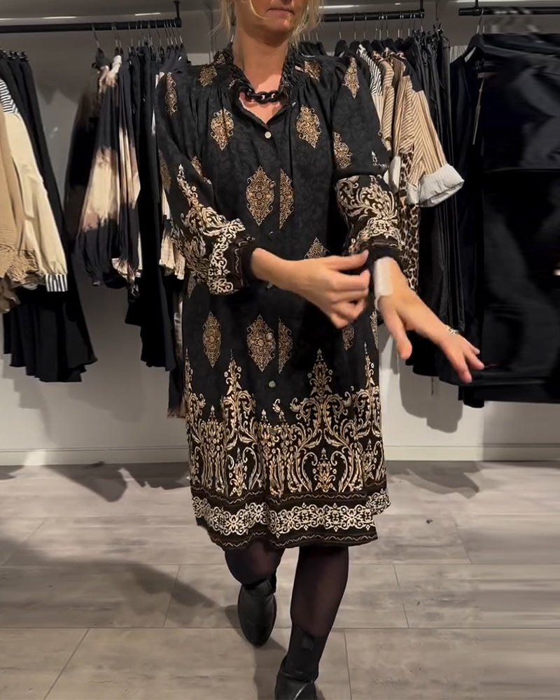 Revers-kjole med vintage-print med knapper