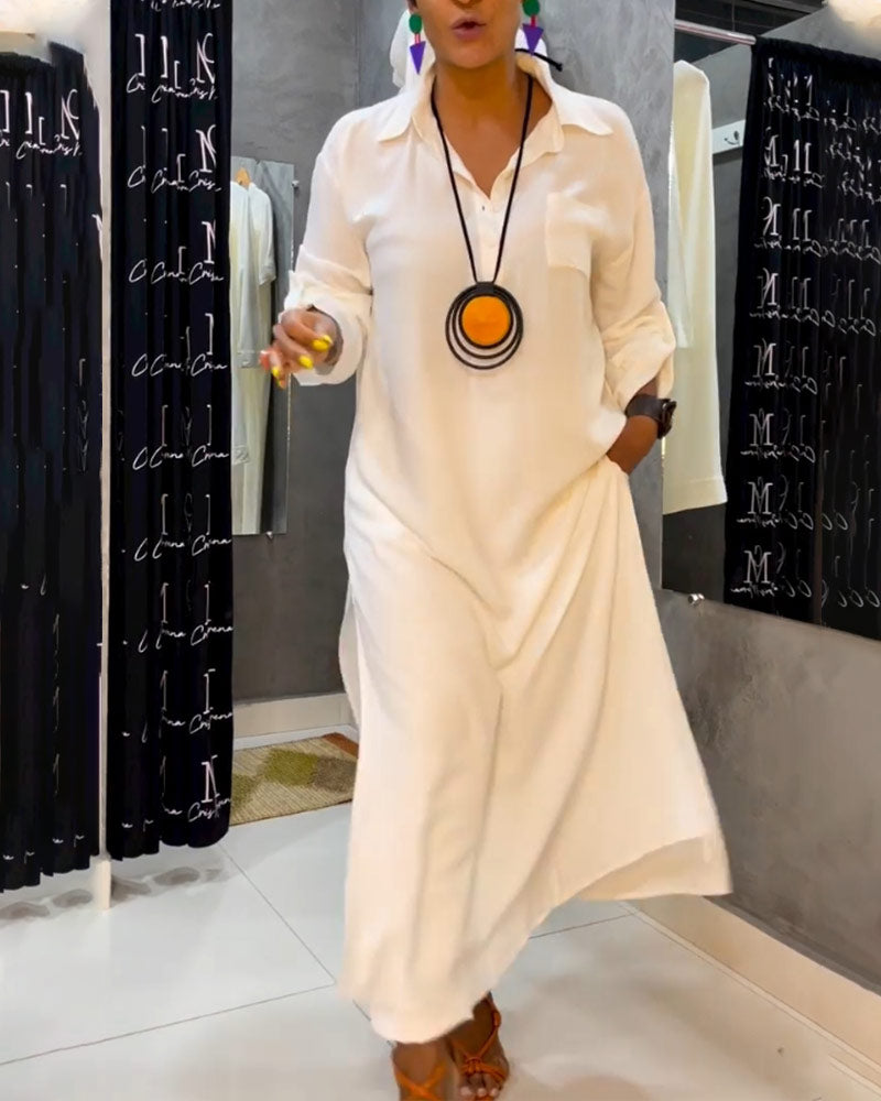 Hvid kjole med bred lapelkrave og lommer