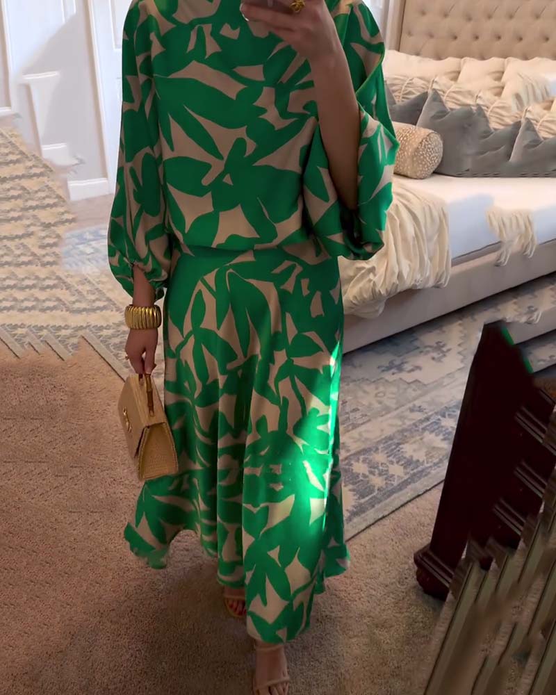 Sæt Kjole Afslappet Trykt Lanterneærmer Temperament