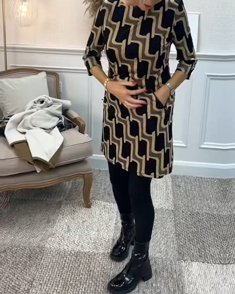 Rund hals printet slim fit kjole