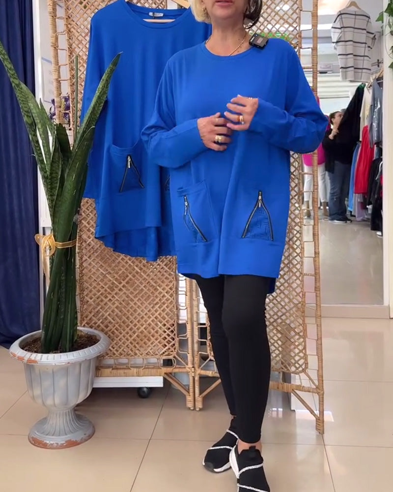 Ensfarvet lynlåslomme til sweatshirt med rund hals