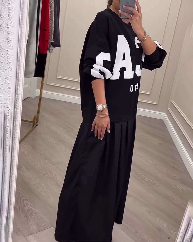 Plisseret Patchwork Kjole Med Bogstaver Casual Sweatshirt