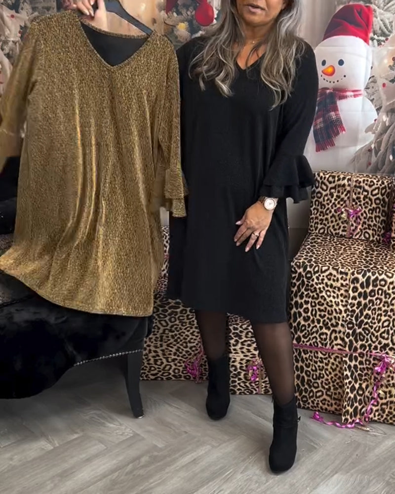 Sort kjole med V-hals og klokkeærmer