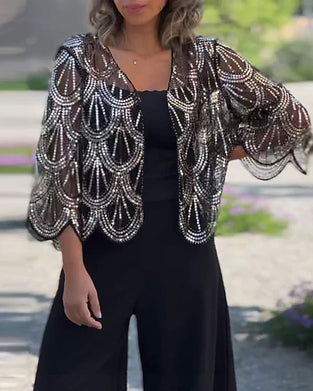 Elegant gennemsigtig sportscoat med pailletter og bølgekanter