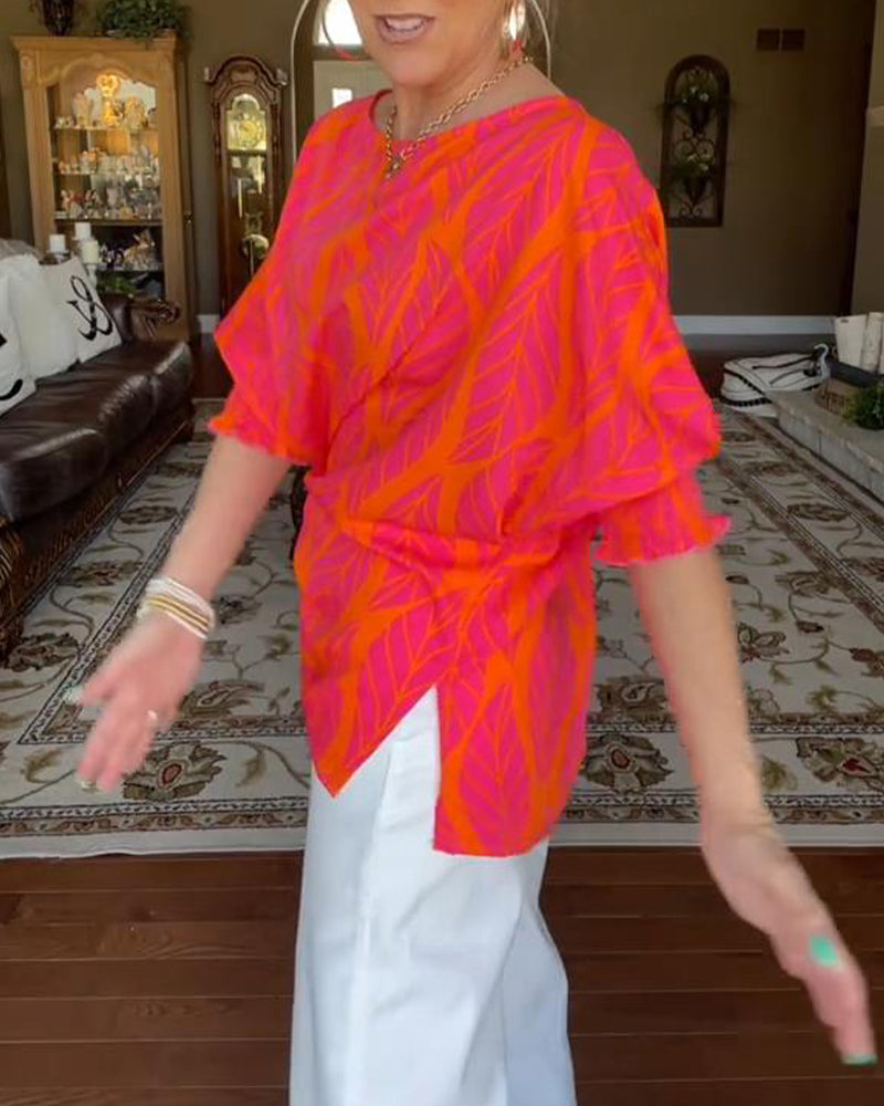 Bluse Rund Hals Løs Print