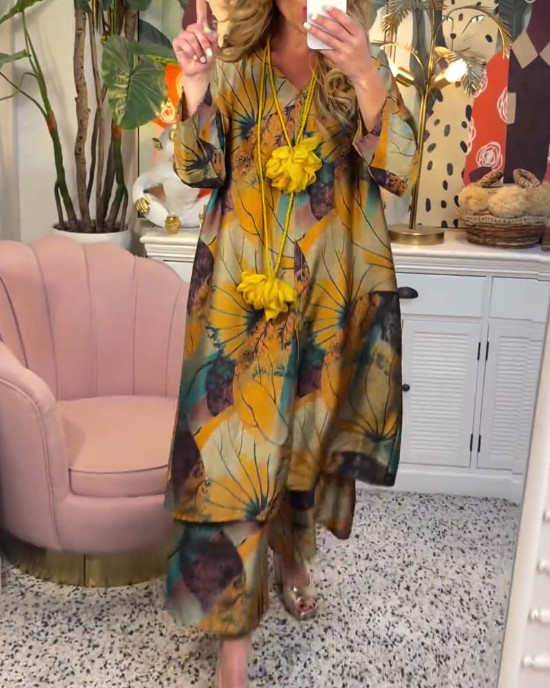 Afslappet to-delt sæt i Boho stil | Bluse og bukser med solsikker