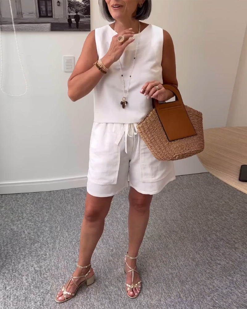 Jakkesæt Rund Hals Vest Shorts Ensfarvet