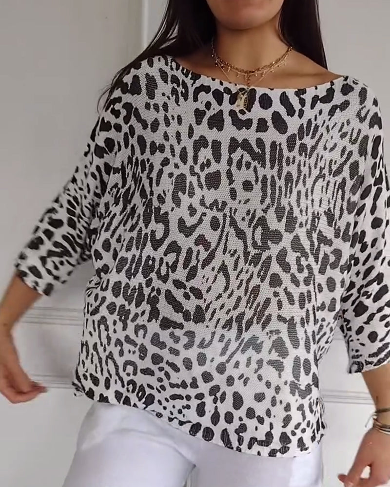 Sweater Trekvartærme Leopardprint Løstsiddende
