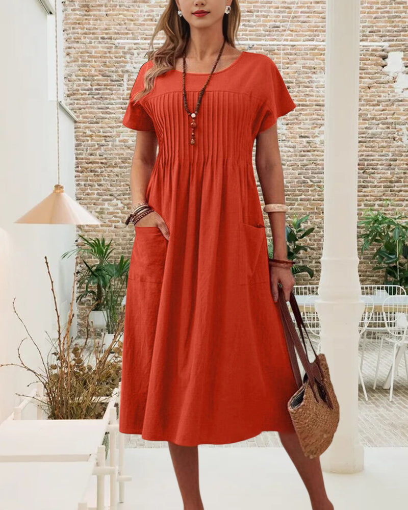 Kjole Plisseret Kortærmet Bomuld Og Hør