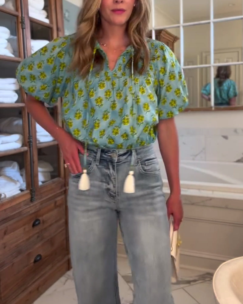 Lygtærmet Bluse Med Snøring Og Tryk