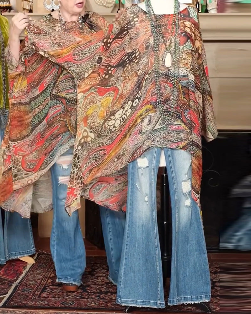 Bluse Løs Flagermuseærme Tryk