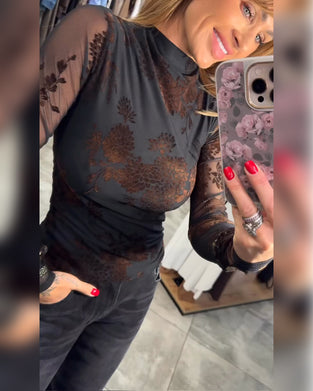 Bluse Med Kniplingsærmer I Mesh Og Tryk