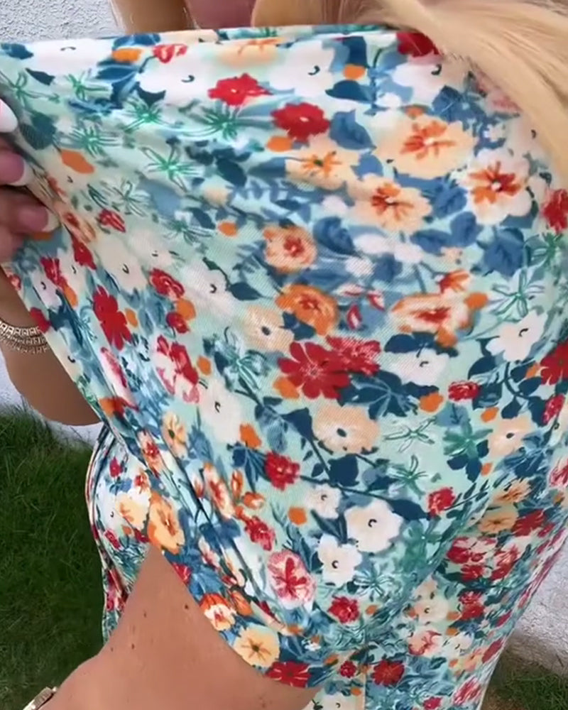 Bluse Kortærmet Blomsterprint Plisseret