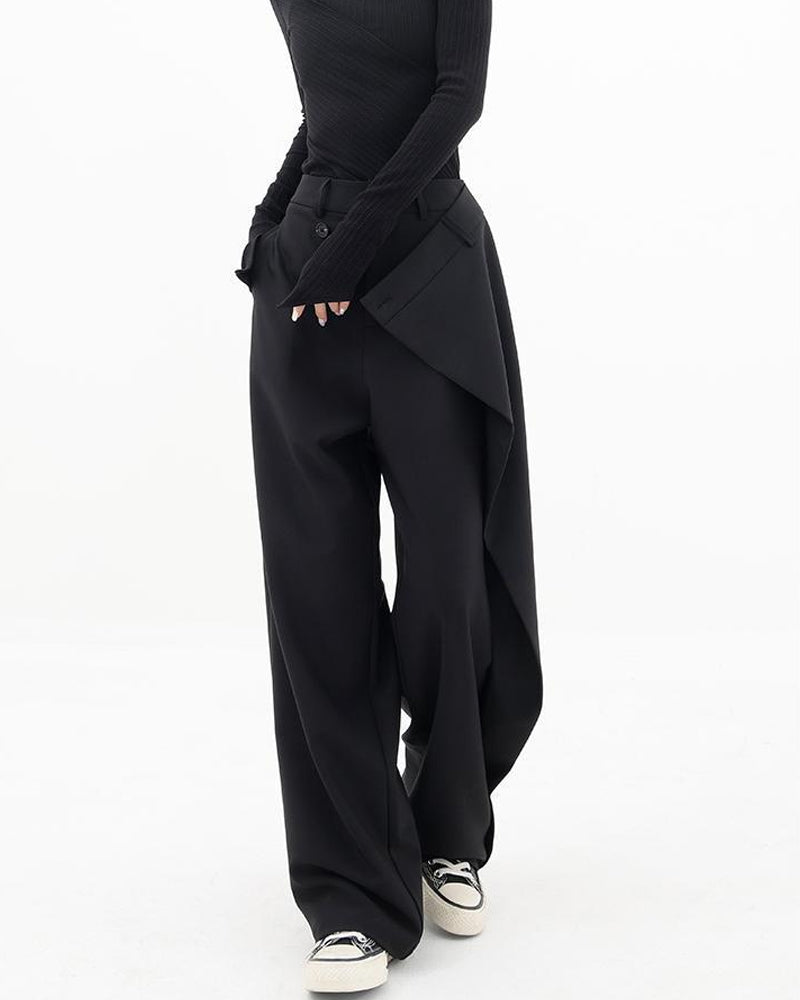 Ensfarvede patchwork bukser med tværgående knaplukning