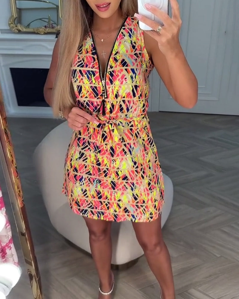 Kjole Halv-lynlås Ærmeløs Blomster