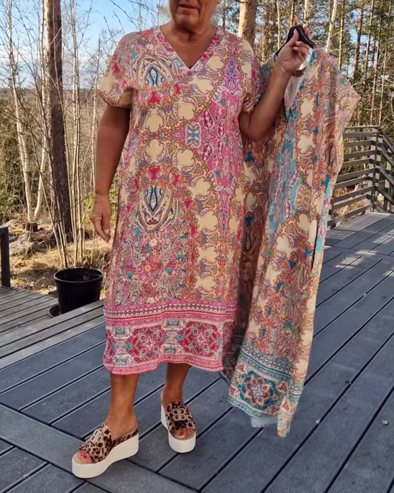 Kjole V-Hals Korte Ærmer Mønstret Løs