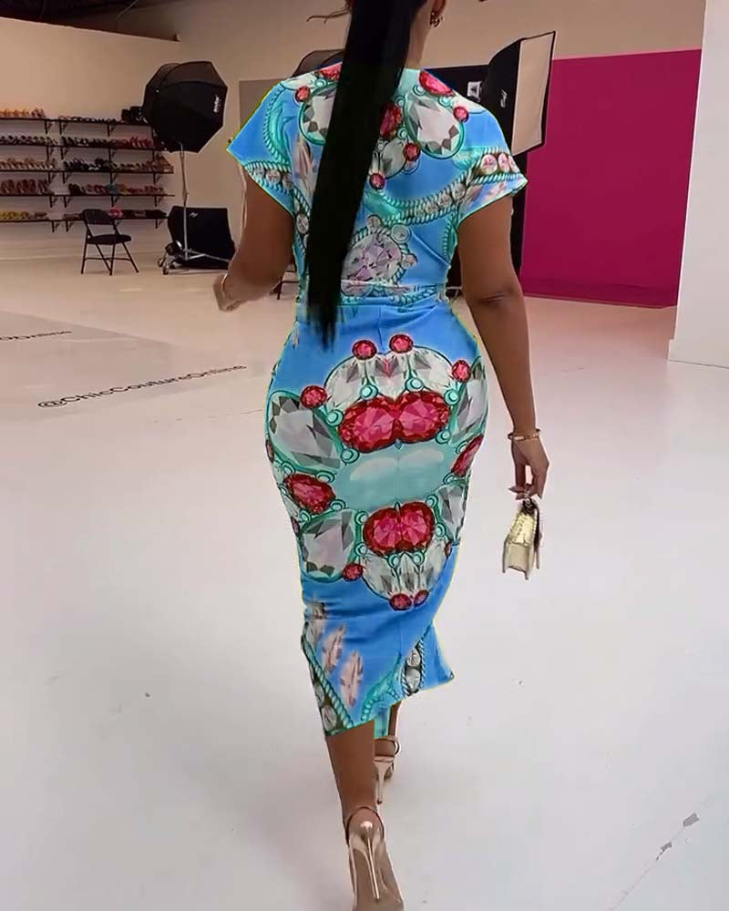 Gul slim fit kjole med print