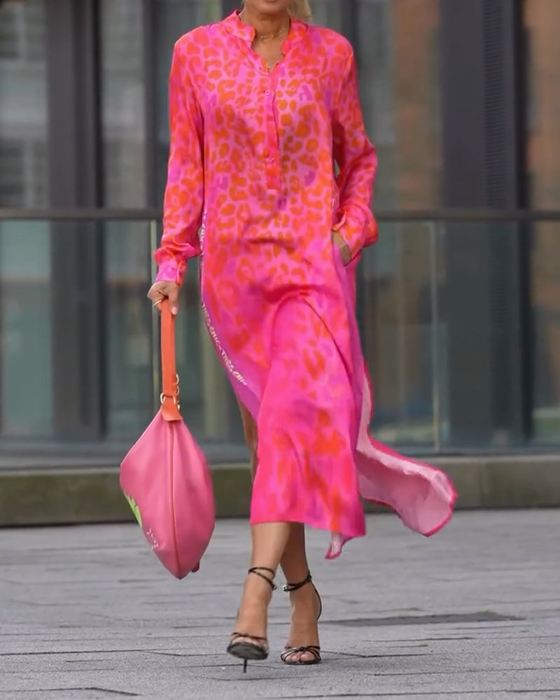 Kjole Langærmet Leopardskriftt Splits