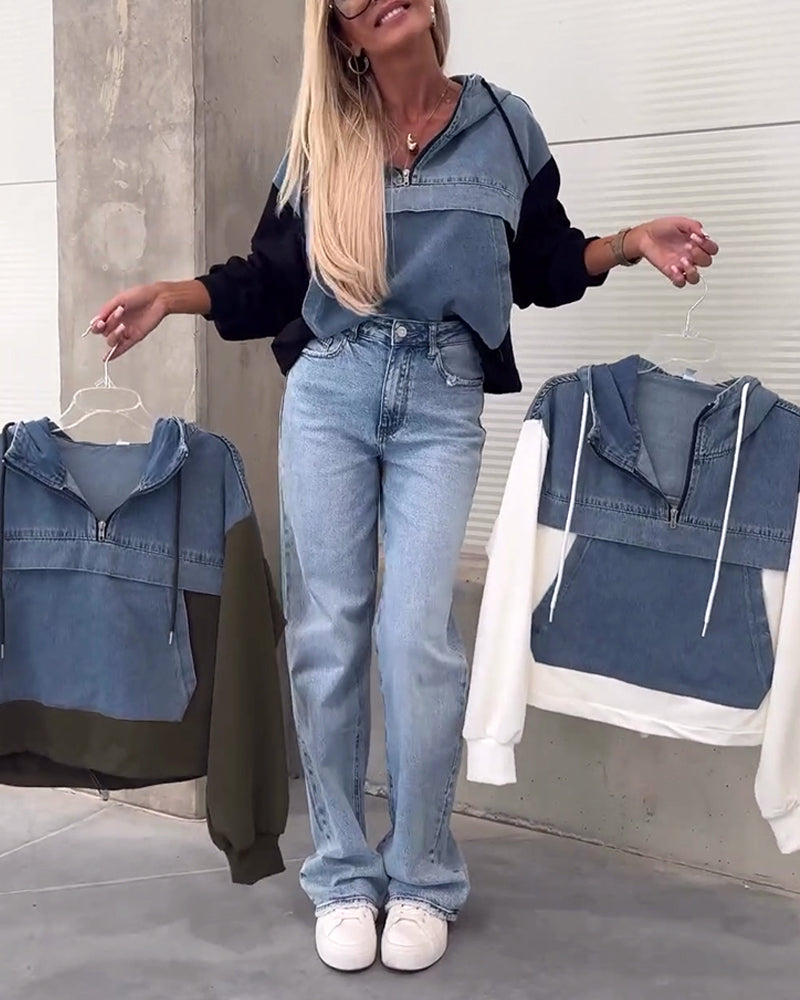 Patchwork denim hættetrøje med lynlås
