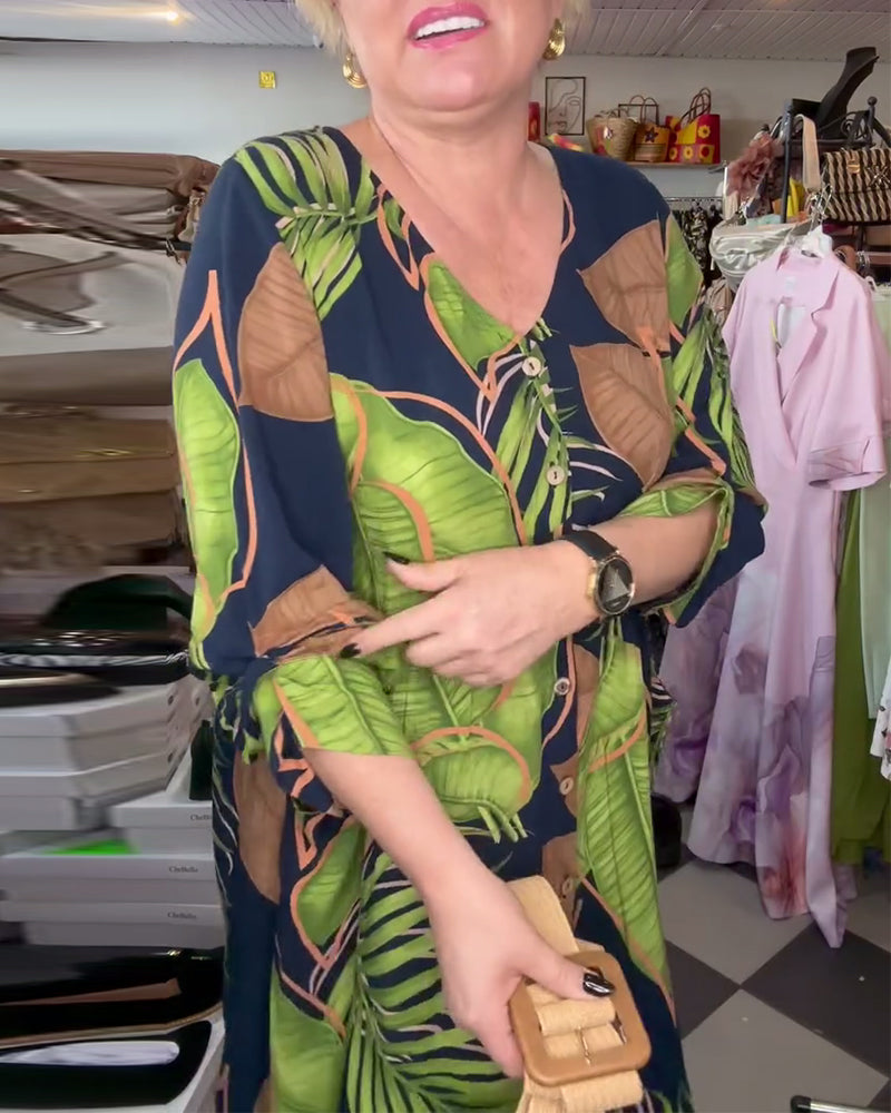 Løs Kjole Med Bladprint Og V-Udskæring