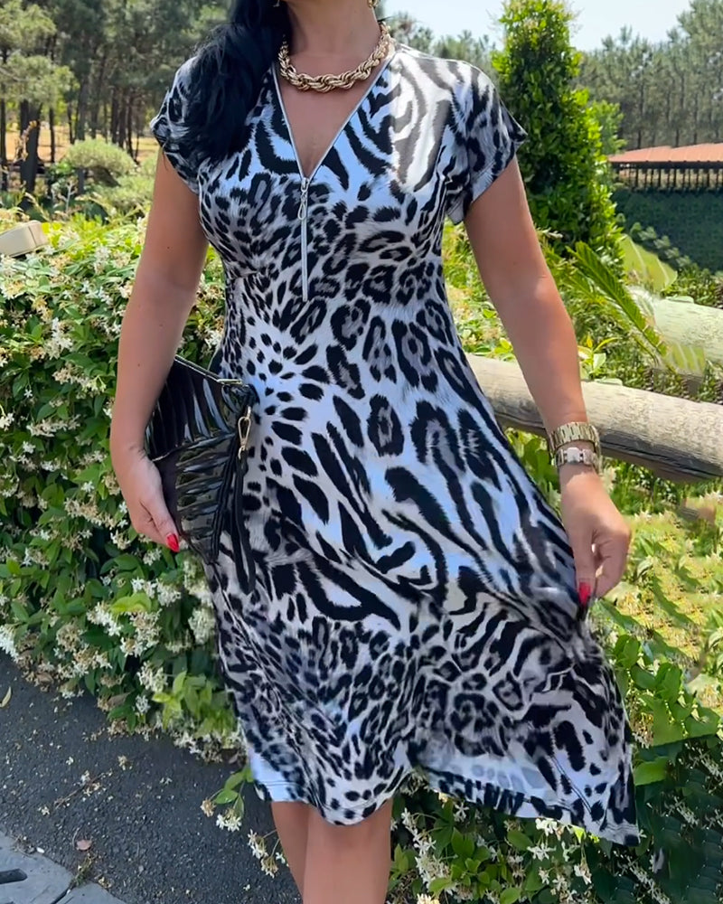 Kjole V-Hals Lynlås Leopardprint