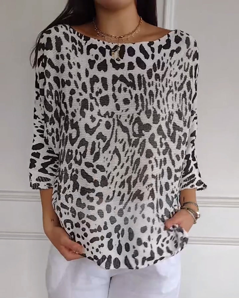 Sweater Trekvartærme Leopardprint Løstsiddende