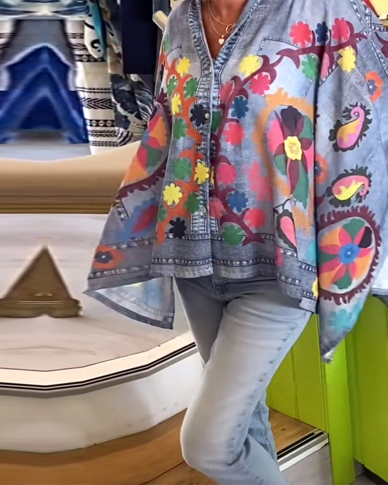 Bluse Uregelmæssig Print Falsk Denim