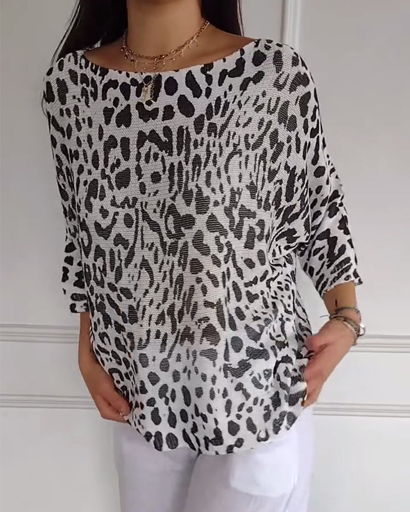 Sweater Trekvartærme Leopardprint Løstsiddende