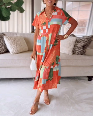 Kjole V-Hals Korte Ærmer Mønstret Casual