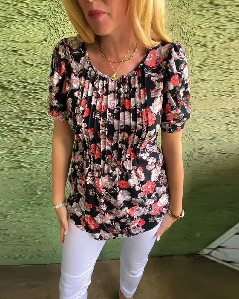 Bluse Rund hals Pufærme Plisseret Blomstret