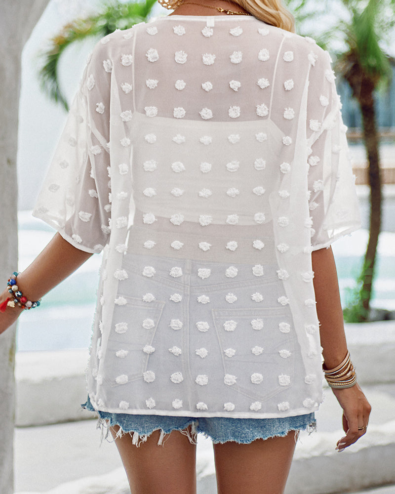 Ensfarvet tynd jacquard cardigan med korte ærmer