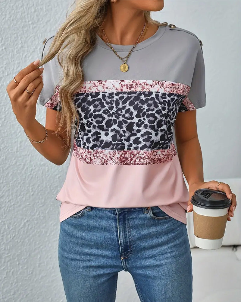 T-Shirt Rund Hals Leopardmønster Farveblok