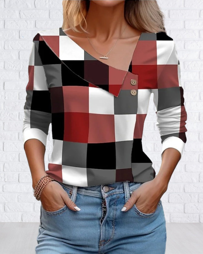 V-hals plaid top med knapper