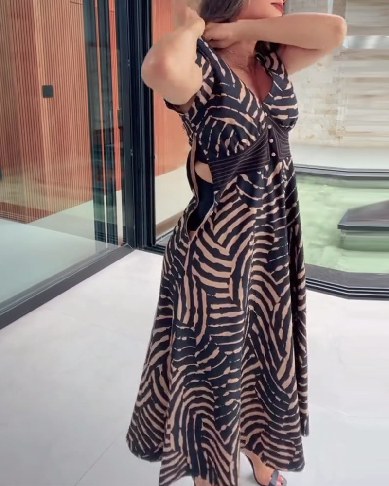 Trykt Kjole Med V-hals & Lotusblad-ærmer