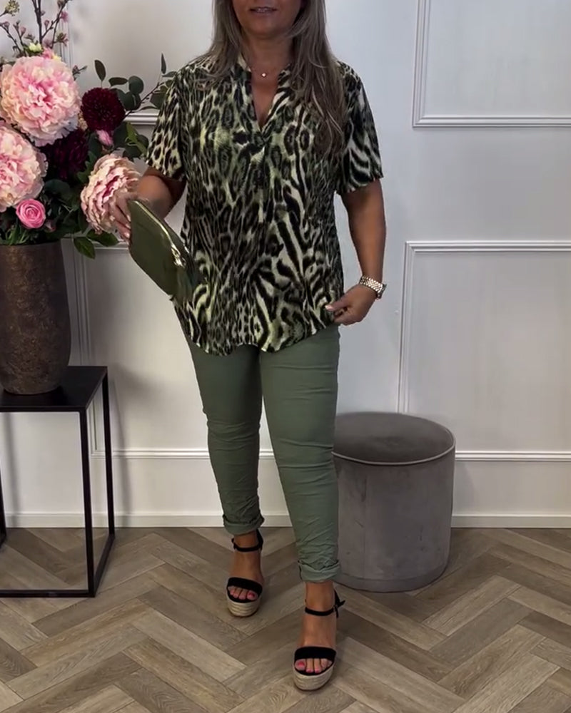 Bluse Mode Leopardprint Korte Ærmer