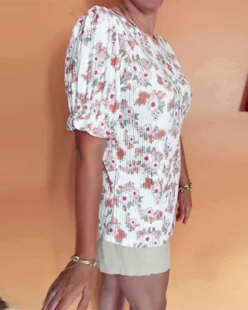 Bluse Rund Hals Blomstret Kort Ærme