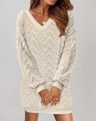 Ensfarvet lang striksweater med V-halsudskæring