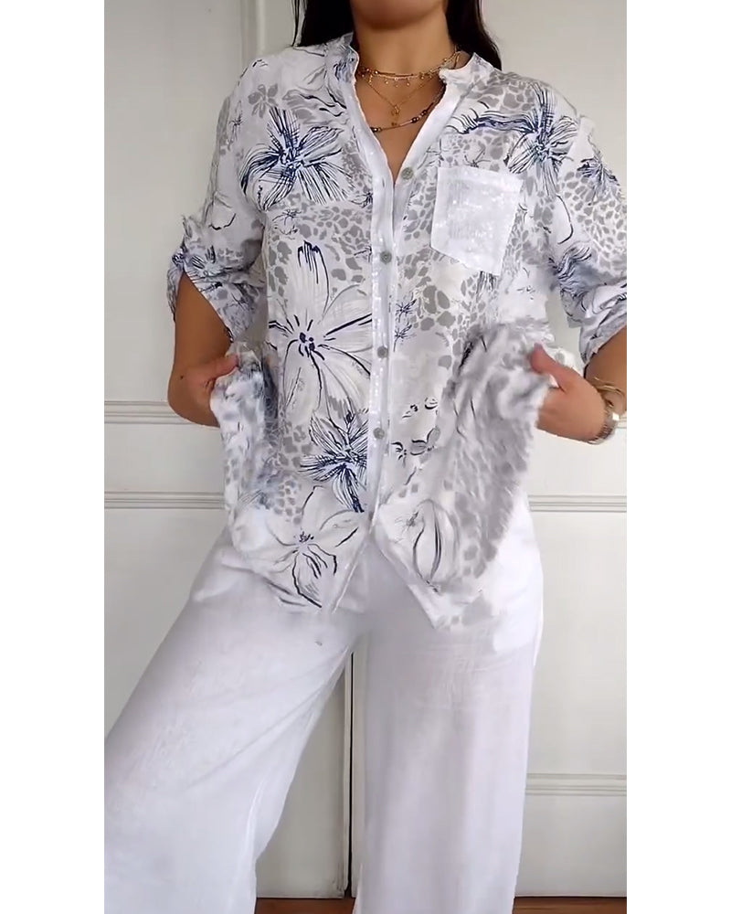 Skjorte Ståkrave Trykt Lomme